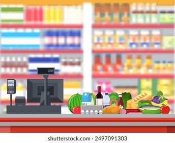 Interior del supermercado. Lugar de trabajo del mostrador del cajero. Comida y bebidas. Estanterías con productos. Caja registradora, terminal pos y teclado. Ilustración vectorial en estilo plano