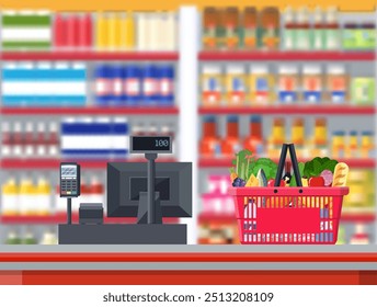 Supermarket interior. Cashier counter workplace. Shopping basket with food and drinks. Shelves with products. Cash register, pos terminal and keypad. Vector illustration in flat style