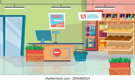 Supermarkt-Innenkonzept in flachem Cartoon-Design. Kasse mit Computer, Einkaufskorb, Regale mit Lebensmitteln und Lebensmitteln, Kühlschrank, Verkaufsschilder. Vektorgrafik, horizontaler Hintergrund