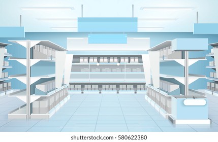 Supermarket interior design composition with shelves and cold refrigerated counter with beverage drinks in carton package vector illustration