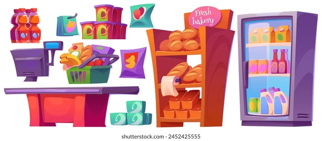 Supermarket interior design elements set isolated on white background. Vector cartoon illustration of grocery store furniture, beverage bottles in fridge, bread on shelf, cash register, food packages