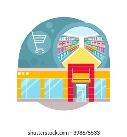 Supermarket interior design. People shopping, supermarket shopping, marketing market shop interior, customer in mall, retail store vector illustration