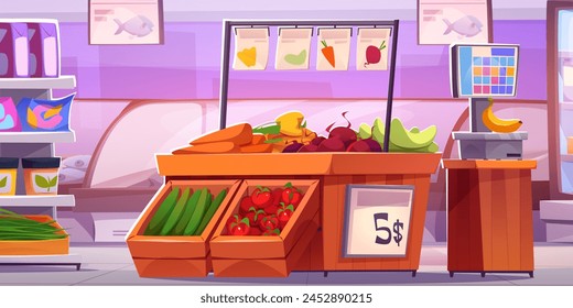 Supermarket interior design. Vector cartoon illustration of food store, grocery shop shelves with jars and packages, wooden box with fresh organic fruit and vegetables, fish in glass refrigerator