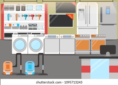 Supermarket interior with different sections. Big shopping mall. Shelves with technical devices: TV-set, fridge, washing machine