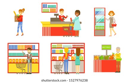 Supermarket Interior Elements Set, People Choosing and Buying Products in the Mall or Shop Vector Illustration