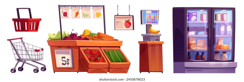 Supermarket interior equipment and furniture - products in refrigerator, vegetable on racks, cart and basket, scales for weighing food. Cartoon vector set of grocery hypermarket inside elements.