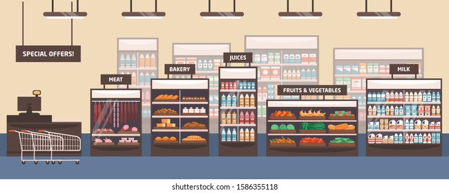 Supermarket Interior Flat Vector Illustration. Grocery Store, Shelves With Food Products. Cartoon Food Shop Aisle. Bakery, Meat, Fruits And Vegetables, Special Offers And Milk Signboards.