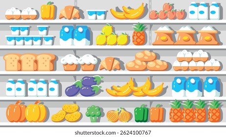 Supermercado interior. Comida nas prateleiras dos supermercados. Estilo plano