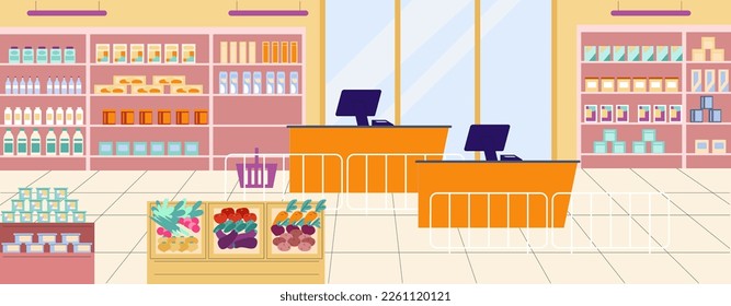 Supermarket interior with food shelves, vegetables, fruits and cashier zone. Modern empty food store vector image, flat market location design