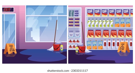 Supermarket interior with freshly washed wet and slippery floor and signs warning about risk of falling, flat vector illustration. Store interior with wet floor.
