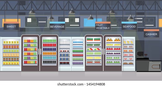 Supermarket interior with goods on shelves and counter cashier, big shopping mall  vector illustration.