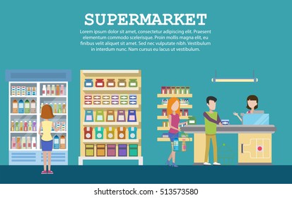 Supermarket interior with grocery, milk packs in fridge, cashbox. Shop or mall with shopping people, counters in market aisle and shopping carts. Retail and sale, people trading and consumer theme