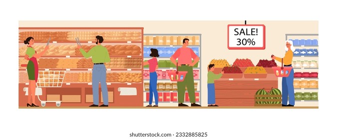 Supermarket interior. Grocery shop with cashier and customers buying food. Characters buying groceries at local market. Flat vector illustration