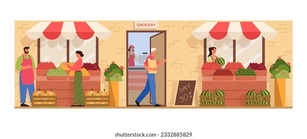 Supermarket interior. Grocery shop with cashier and customers buying food. Characters buying groceries at local market. Flat vector illustration