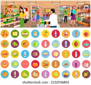 Supermarket interior, grocery shop and different types of food, dishes. Hypermarket, store for selling grocery, products. Self-service store design template. Various departments of modern supermarket
