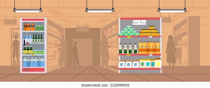 Supermarket interior, grocery shop with food on shelves. Sale, discounts in food store. Hypermarket in mall for selling grocery. Shelving of modern supermarket. Self-service store vector illustration