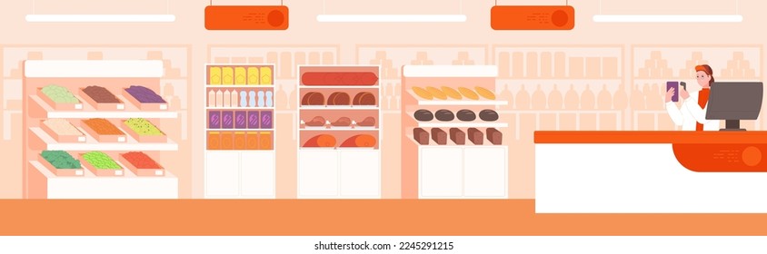 Supermarket interior. Grocery store shelves and cashier stand. Vector illustration