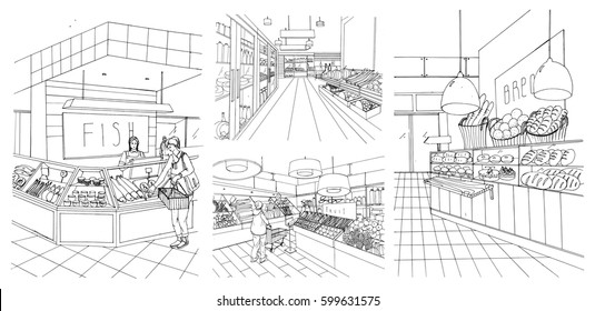 Supermarket interior hand drawn contour illustrations set. Grocery store: fish, bread, fruit, vegetable departments with shoppers.