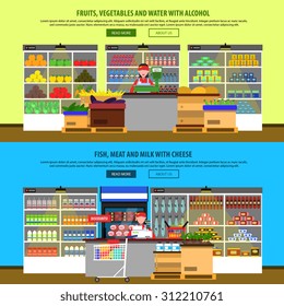Supermarket interior horizontal banners set with groceries and foodstuff on shelves isolated vector illustration