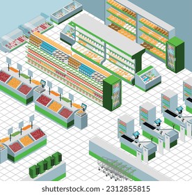 Innenraumhintergrund des Supermarkts mit Regalen, gefüllt mit Produkten und und Reihen von Registrierkassen, Vektorgrafik