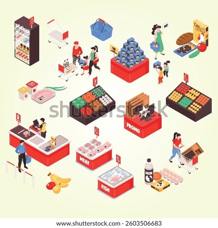 Supermarket interior isometric flowchart with shopping trolleys checkout counters fruit vegetables shelves promotion displays customers illustration