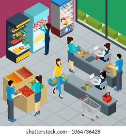 Supermarket interior isometric poster with people shopping in grocery store working merchandiser and cashiers vector illustration 