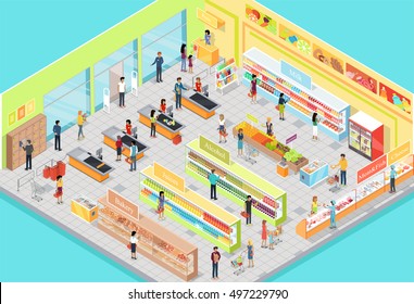 Supermarket interior in Isometric projection. 3D illustration of big trading room with product sections shelves, goods, customers, personnel, sellers, cashes. For store ad, app, game interface. Vector