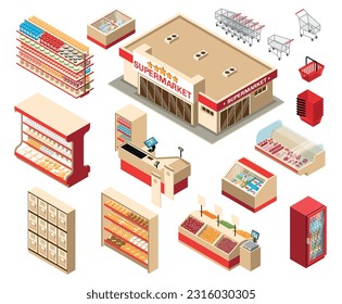 Supermarket interior isometric set of fruits and vegetables trays fresh meet counter and checkouts isolated on white background vector illustration