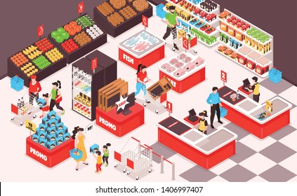 Supermarket interior isometric view with fruits vegetables grocery bread fish meat  refrigerator shelves customers cashier vector illustration 