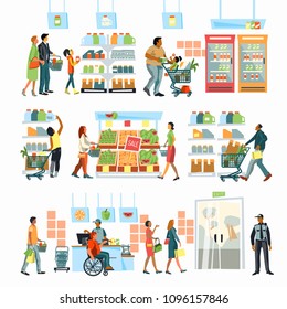 Supermarket interior. People shopping food. People stand in line at the cash register. A person in a wheelchair pays for a purchase. Retail store illustration with people in flat style.