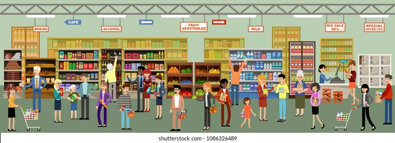 Supermarket interior with people. Vector illustration