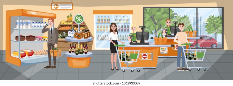 Supermarket Interior. People Walking With Basket And Cart And Taking Food From The Shelf. Grocery Store. Fresh Food. Vector Illustration In Cartoon Style