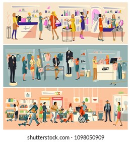 Supermarket interior. Perfume store, clothing store, food products store. People are shopping. Vector illustration with people in flat style.