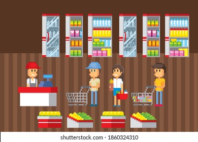 Supermarket interior. Pixel art. Old school computer graphic. 8 bit video game. Game assets 8-bit sprite. 16-bit.