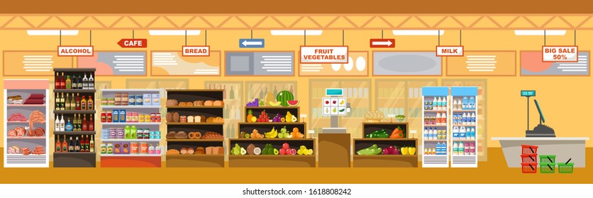 Supermarket interior with products. Big store. Vector illustration