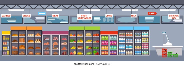 Supermarket interior with products. Big store. Vector illustration