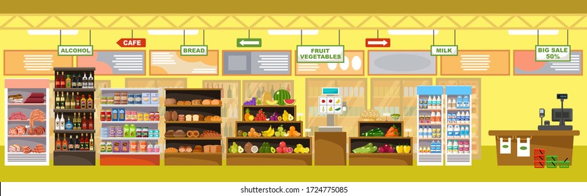 Supermarket interior with products and cash register. Big store. Vector illustration