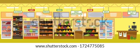 Supermarket interior with products and cash register. Big store. Vector illustration