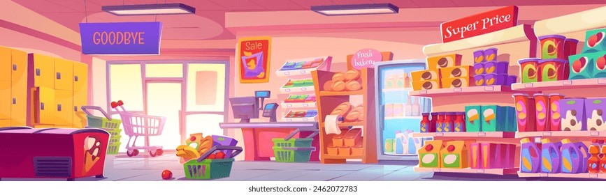 Interior de supermercado con productos en estantes y en refrigeradores, mesa de cajero y cesta llena de comestibles. Ilustración vectorial de dibujos animados de un edificio de tiendas vacías dentro con productos frescos.