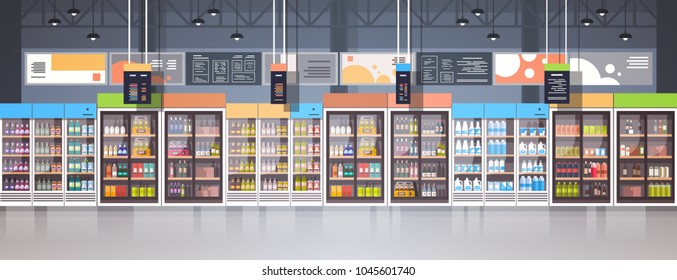 Supermarket Interior Retail Store With Assortment Of Grocery Food On Shelves Horizontal Banner Flat Vector Illustration