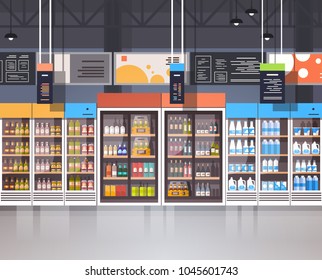 Supermarket Interior Retail Store With Assortment Of Grocery Food On Shelves Flat Vector Illustration