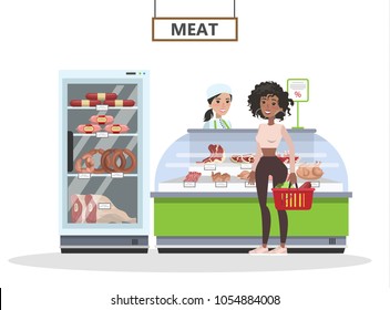 Supermarket interior set. Happy people buying meat on white.