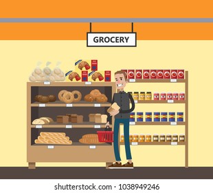 Supermarket interior set. Man buying at grocery.