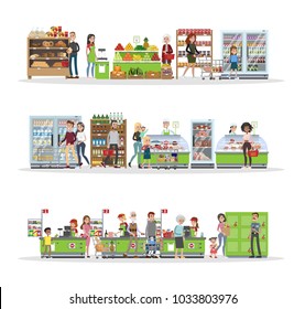 Supermarket interior set. People buying food and drink on white.