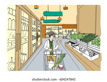 Supermarket interior with shopper girl. Grocery store, hand drawn colorful illustration. 