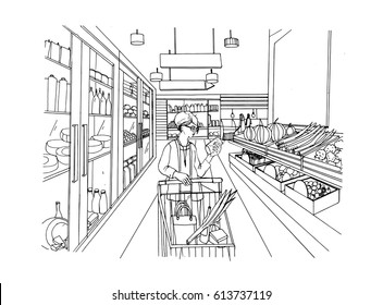 Supermarket interior with shopper girl. Grocery store, hand drawn colorful illustration. 