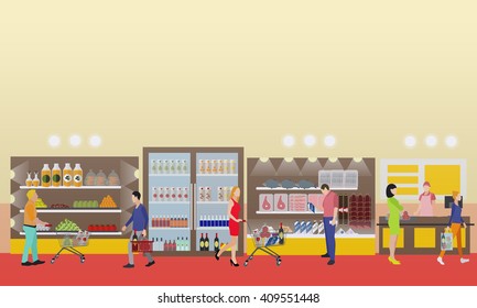 Supermarket interior vector illustration in flat style. Customers buy products in food store. Groceries and foodstuff on shelves. People shopping.