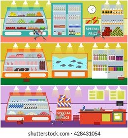 Supermarket interior vector illustration in flat style. Product items in food store. Groceries and foodstuff on shelves.