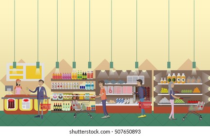 Supermarket interior vector illustration in flat style. Customers buy products in food store. Groceries and foodstuff on shelves. People shopping.