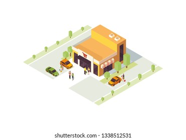 Supermarket isometric color vector illustration. Shop building infographic. Doing purchases. Grocery store 3d concept. Commercial business. Consumerism. Webpage, mobile app design